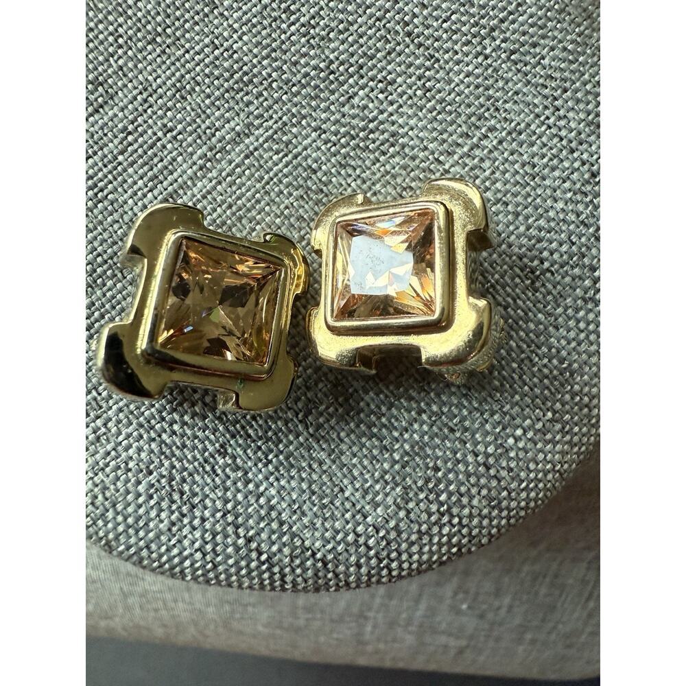 Crystal Faceted Rhinestone Earrings Clip On Topaz Color Gold Tone Classic Career